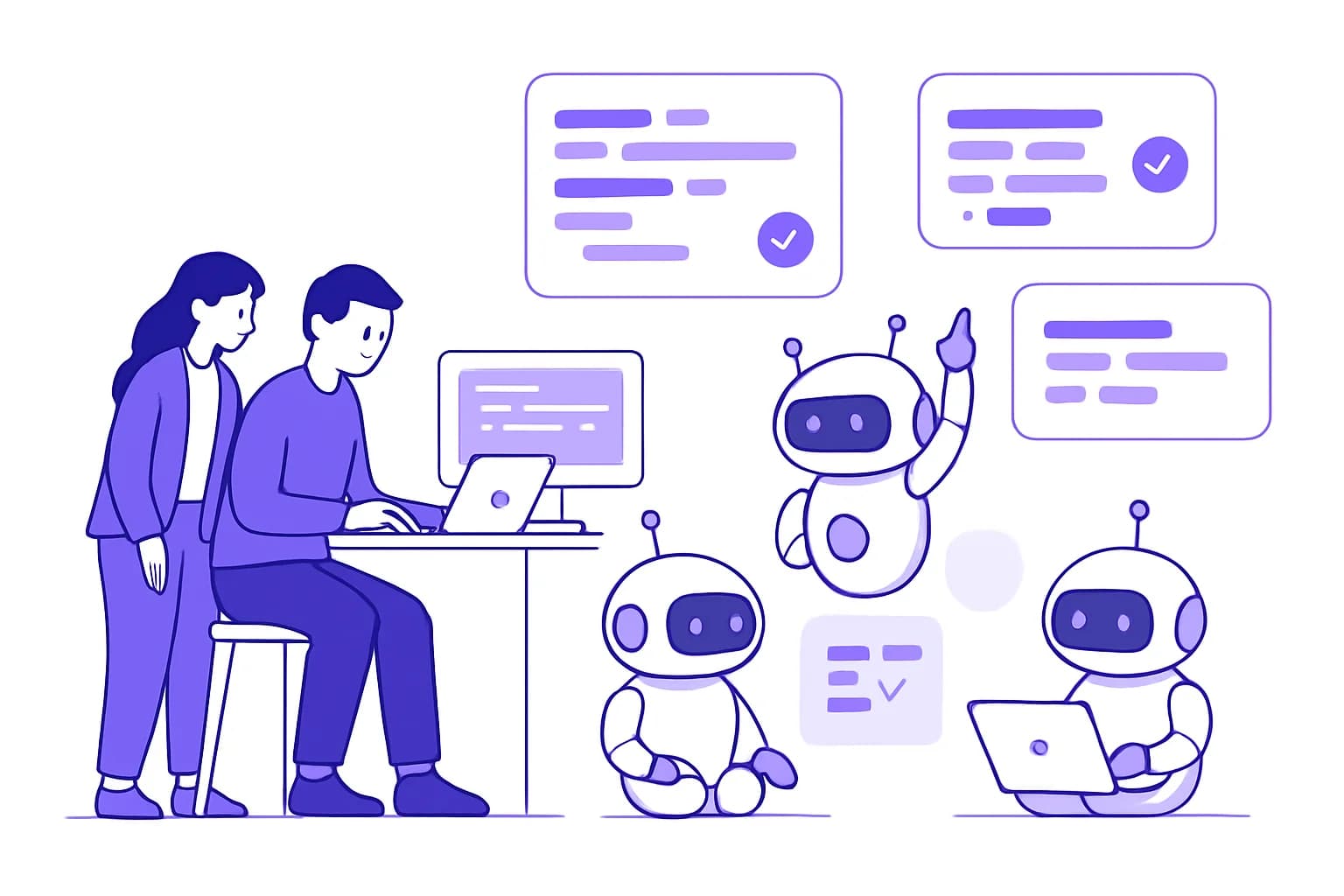 少数のエンジニアが複数のAIエージェントと並列で開発を進めるイラスト