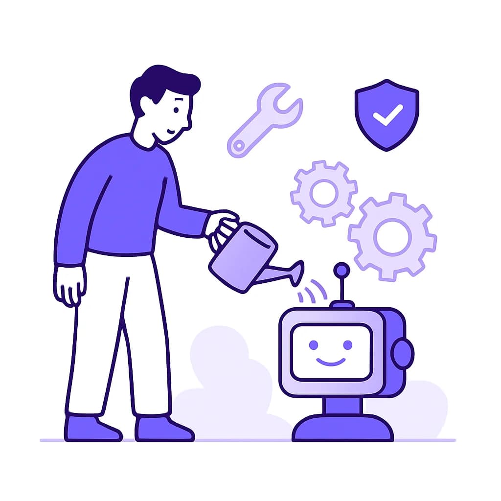 導入したAIの仕組みを手入れして育てるイラスト